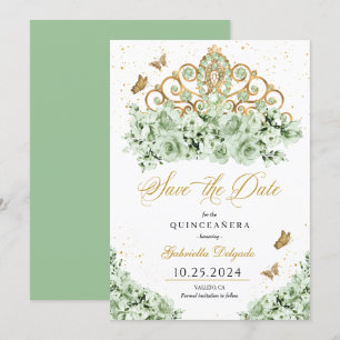 Sage Green & Gold Tiara Save The Date Quinceañera Invitation