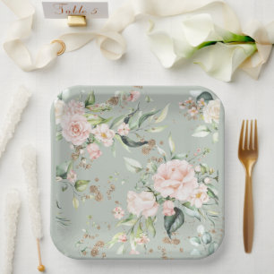 Sage Green Gold Watercolor Floral Botanical Paper Plate