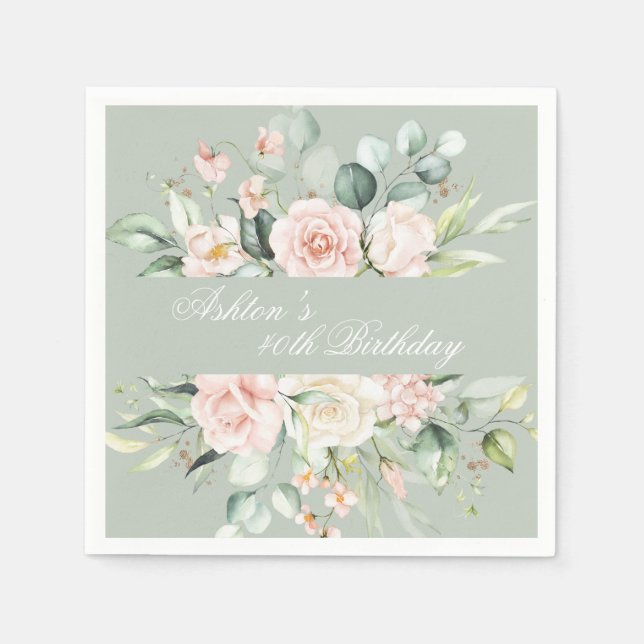 Sage Green Gold Watercolor Floral Botanical Party Napkin (Front)