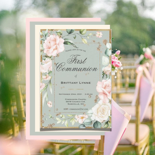 Sage Green Gold Watercolor Floral First Communion Invitation (Creator Uploaded)