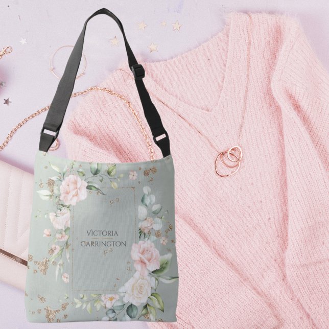 Sage Green Gold Watercolor Floral Personalized Crossbody Bag (Creator Uploaded)