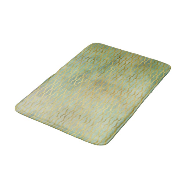 Sage Green & Gold Watercolor Wave Stripes Bath Mat (Angled)