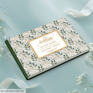Sage green gold wedding guest book with leaves