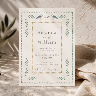Sage Green & Gold Wedding Invitation with Birds 