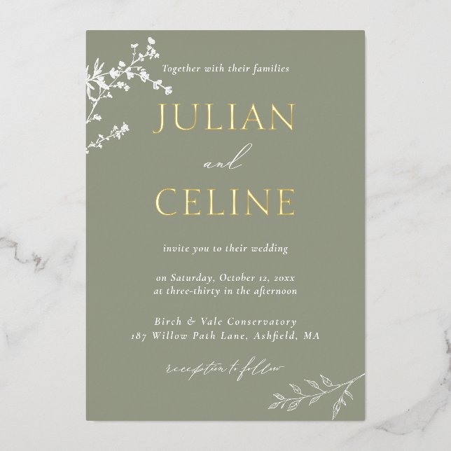Sage Green Gold Whimsical White Greenery Wedding (Front)