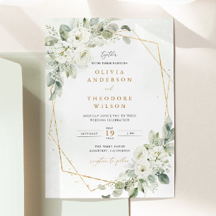 Sage Green Gold White Floral Wedding Invitation