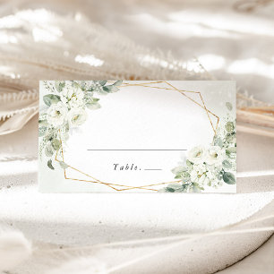 Sage Green Gold White Floral Wedding Name Place Card