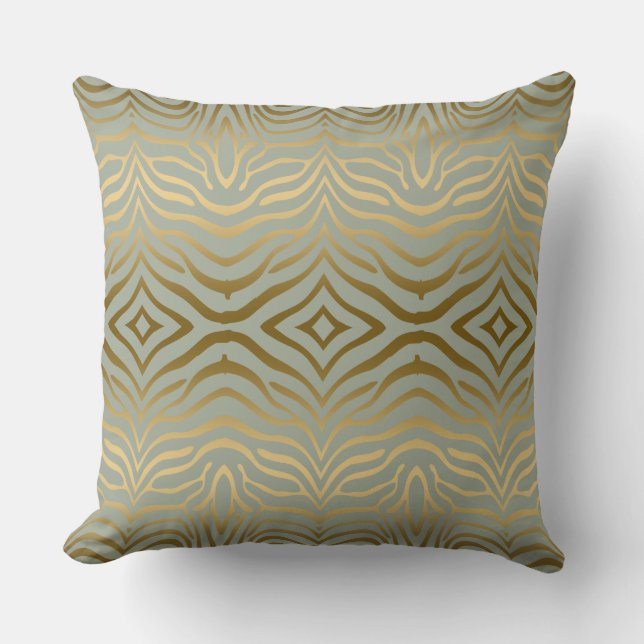 Sage-Green Gold Zebra Stripes Animal Print Throw Pillow (Front)