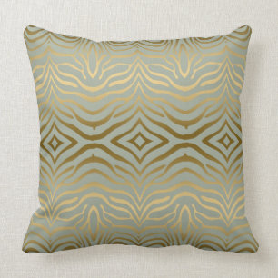 Sage-Green Gold Zebra Stripes Animal Print Throw Pillow