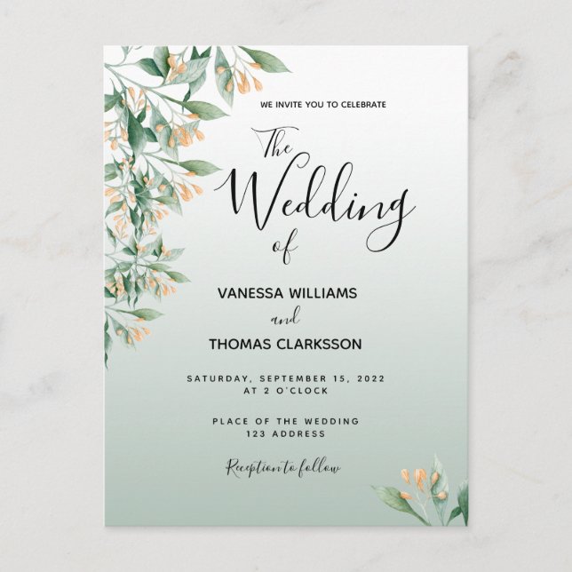 Sage green golden botanical wedding invitation postcard (Front)