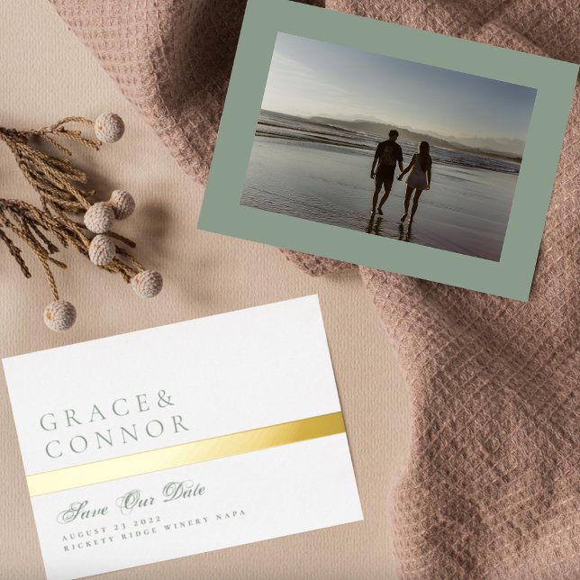 Sage Green Golden Stripe Photo Save The Date (Creator Uploaded)