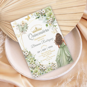 Sage Green Golden Tiara Butterfly Quinceañera Invitation