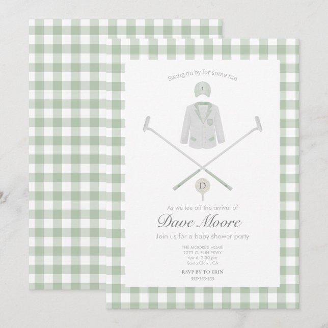 Sage green Golf thème baby shower Invitation (Devant / Derrière)