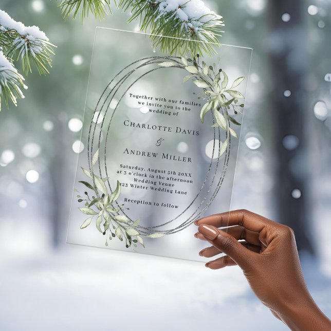 Sage green greenery silver frame clear wedding acrylic invitations (Creator Uploaded)
