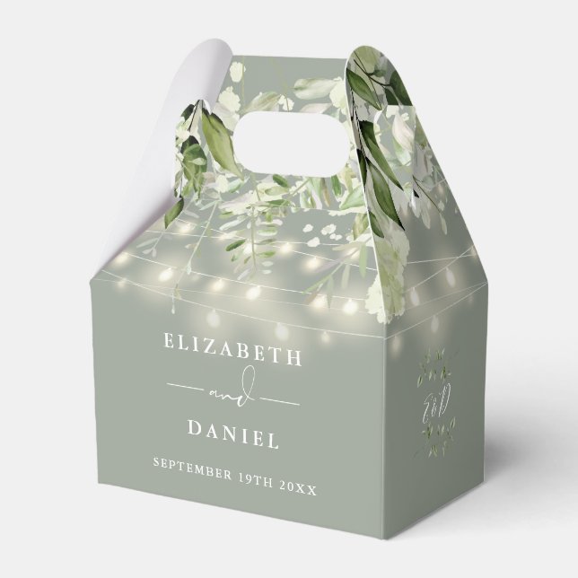 Sage Green Greenery String Lights Monogram Wedding Favor Box (Front Side)