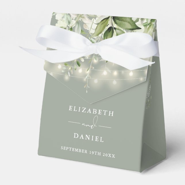 Sage Green Greenery String Lights Wedding Favor Box (Front Side)