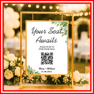 Sage Green Greenery Wedding Seating Chart QR Code