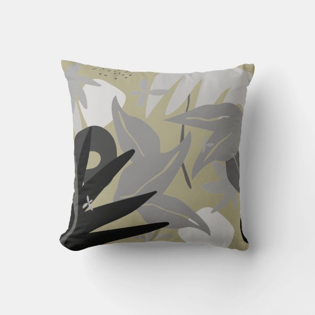 Sage Green  & Grey Artistic Abstract Leaves Throw Pillow (Front)