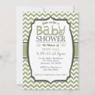 Sage Green Grey Chevron Baby Shower Invitation