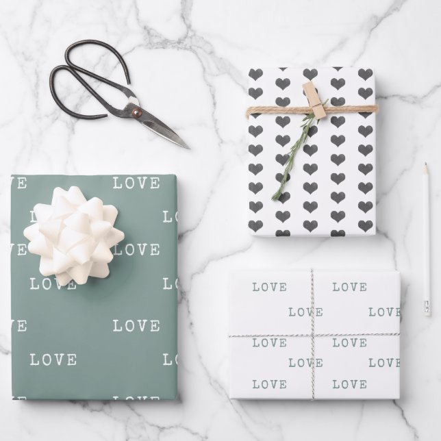 Sage Green Grey Hearts Modern Love Valentine's Day Wrapping Paper Sheet (Front)