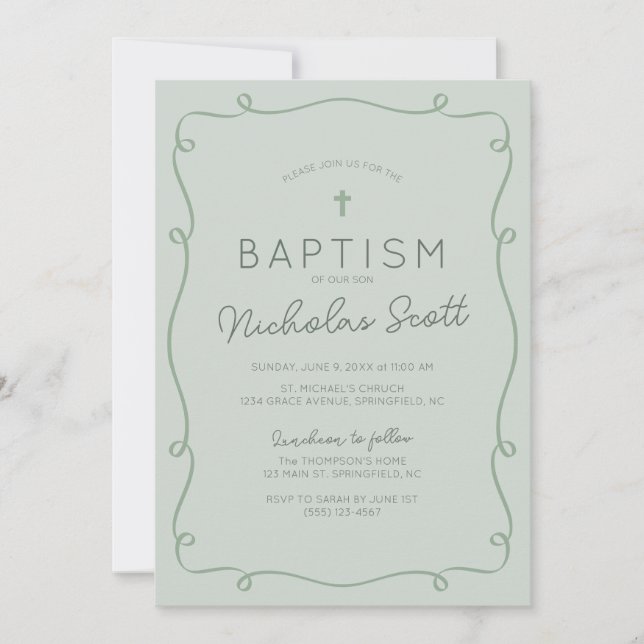 Sage Green Hand Drawn Baptism Invitation (Front)