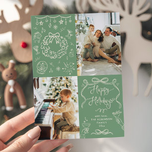 Sage Green Hand Drawn Bows Happy Holidays 2 Photo Holiday Card