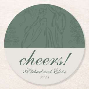Sage Green Hand Drawn Wedding Favor Round Paper Coaster