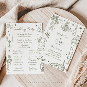 Sage Green Hand Drawn Whimsical Wedding Program