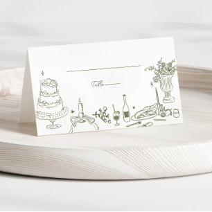 Sage Green Hand Drawn Whimsical Wedding Thank You Place Card
