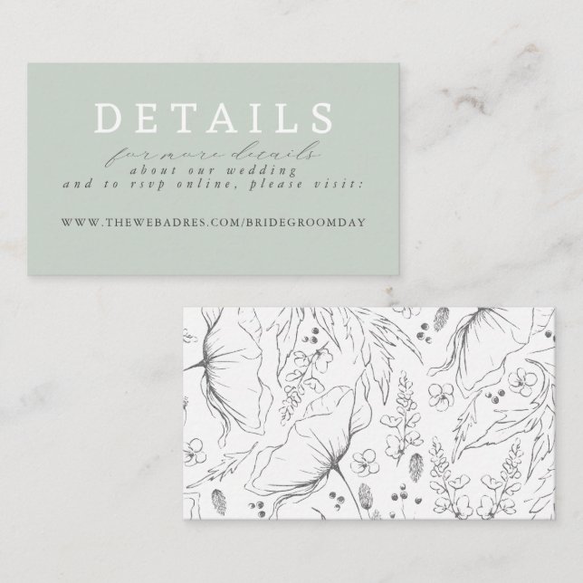 Sage Green Hand Drawn Wildflowers Wedding Details Enclosure Card (Front/Back)