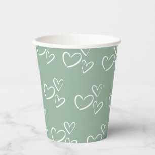 Sage Green Handdrawn Hearts Baby Shower Paper Cups