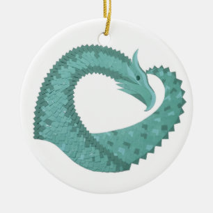 Sage green heart dragon on white ceramic ornament