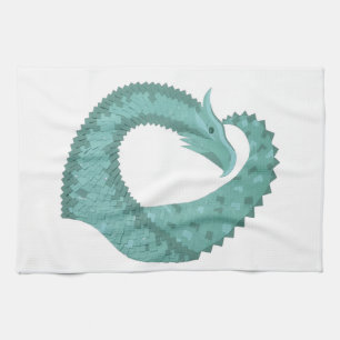 Sage green heart dragon on white kitchen towel