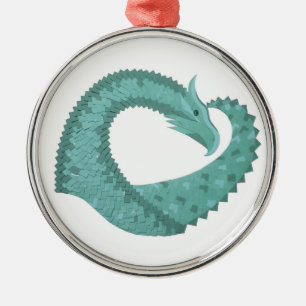 Sage green heart dragon on white metal ornament