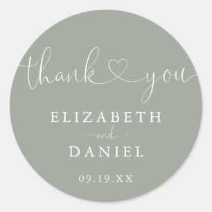 Sage Green Heart Script Thank You Wedding Favour Classic Round Sticker