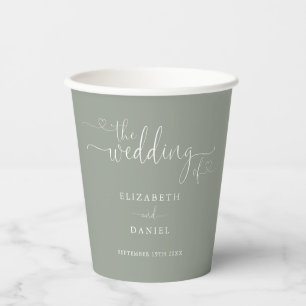 Sage Green Heart Script Wedding Paper Cups