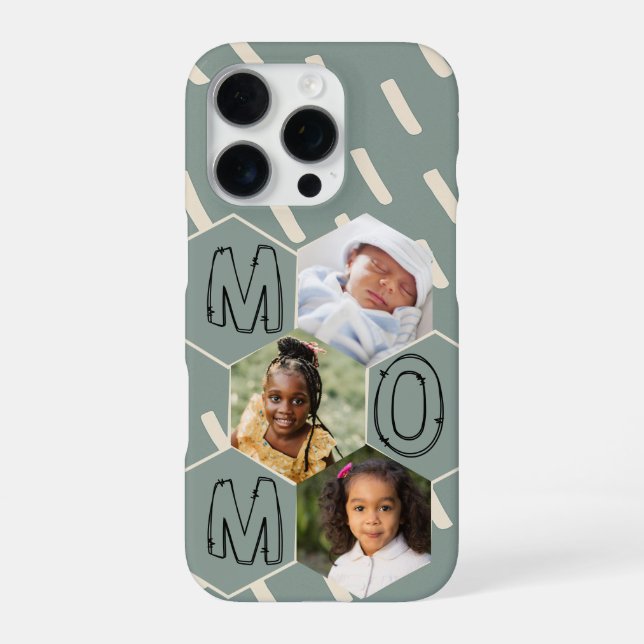 Sage green hexagon Mom Photo Collage iPhone Case (Back)