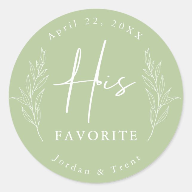 Sage Green His Favourite Wedding Favour Sticker (Front)