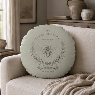 Sage Green Honey Bee Vintage French Country Round Pillow