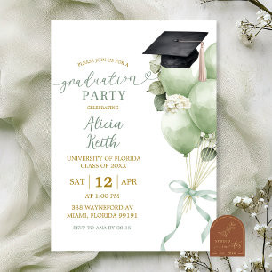 Sage Green Hydrangea Balloon Graduation Party Invi Invitation