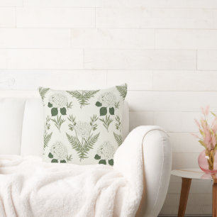 Sage Green Hydrangea & Fern Vintage Botanical  Throw Pillow