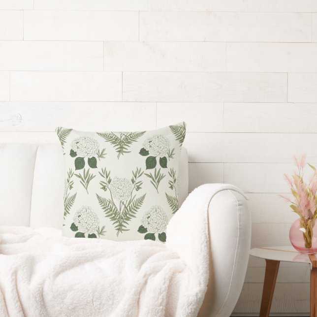 Sage Green Hydrangea & Fern Vintage Botanical  Throw Pillow (Couch)