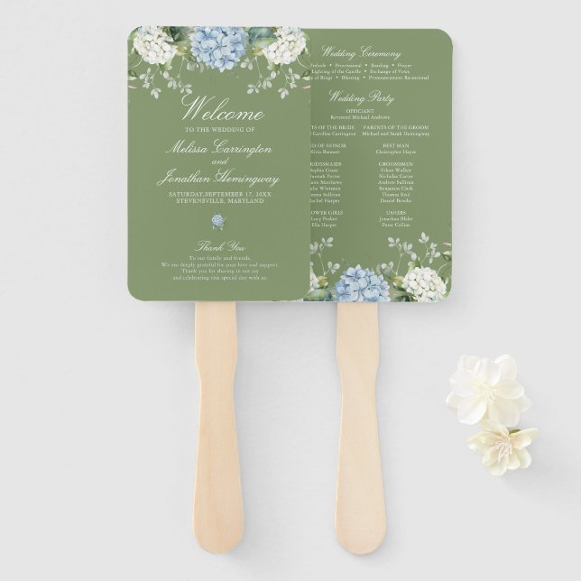 Sage Green Hydrangea Wedding Ceremony Program Hand Fan (Front and Back)