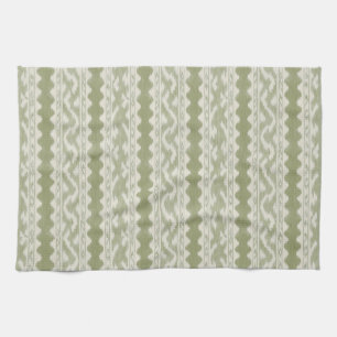 Sage Green Ikat, Cream Scalloped Stripe Kitchen Towel