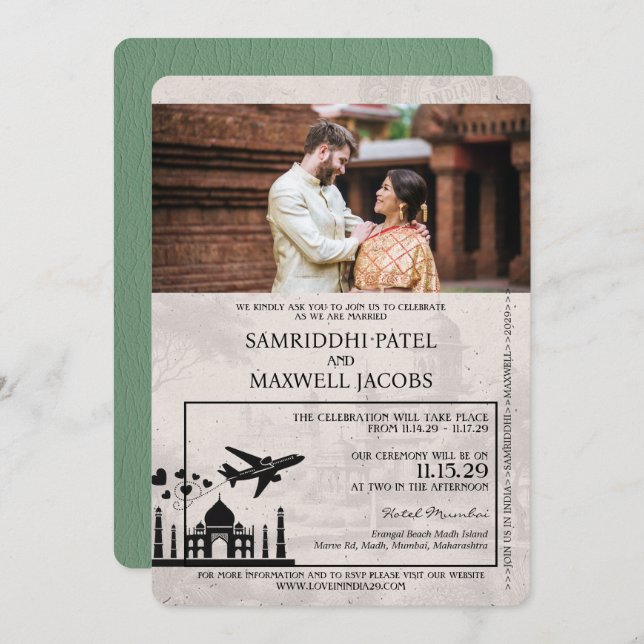 Sage Green India Passport Wedding Invitation (Front/Back)