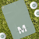 Sage Green Initial Name Monogram Golf Towel<br><div class="desc">Create Your Own Personalized Custom Sage Green Modern Script Name Monogram Golf Towel. This chic, feminine golf towel features a stylish monogram design with a flat white initial on a soft sage green background and a classic black script name for a personalized touch. Printed on one side, this towel adds...</div>