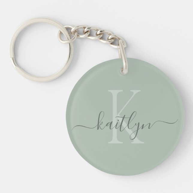 Sage Green Initial Name Monogrammed Keychain (Front)