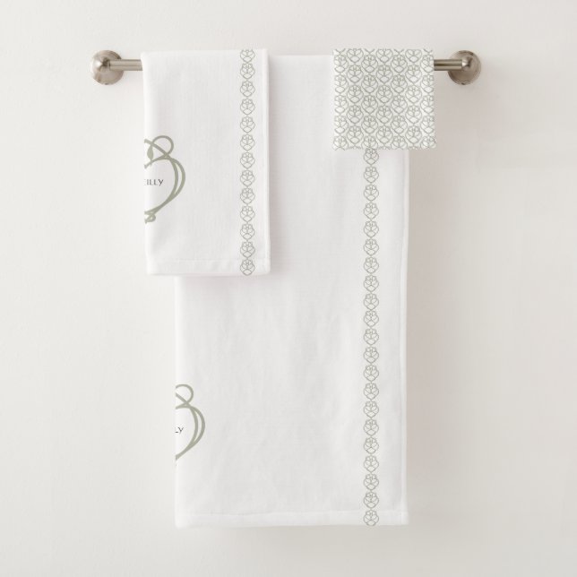 Sage Green Irish Celtic Swan Love Knot Family Name Bath Towel Set (Insitu)