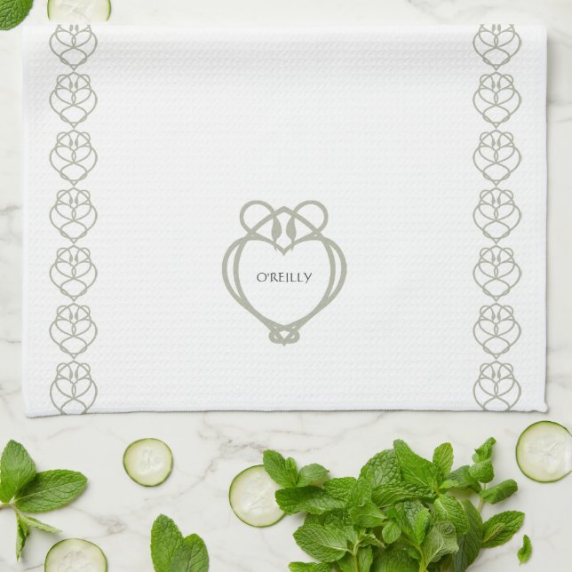 Sage Green Irish Celtic Swan Love Knot Family Name Kitchen Towel (Folded)