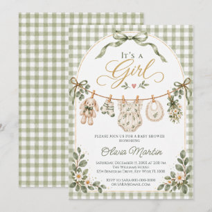Sage Green It’s a Girl Clothesline Baby Shower Invitation